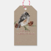 Rustieke Kraft Winter Sparrow rustend op pijnboomt Cadeaulabel (Voorkant)