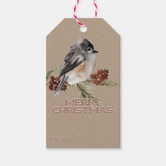 Rustieke Kraft Winter Sparrow rustend op pijnboomt Cadeaulabel (Voorkant)