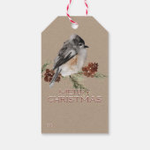 Rustieke Kraft Winter Sparrow rustend op pijnboomt Cadeaulabel (Achterkant)