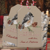 Rustieke Kraft Winter Sparrow rustend op pijnboomt Cadeaulabel