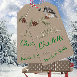 Rustieke Kraft Winter Sparrow Vogel & Pine takken Cadeaulabel