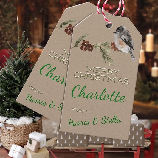 Rustieke Kraft Winter Sparrow Vogel & Pine takken Cadeaulabel