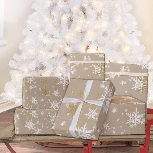 Rustieke Kraft Winter Wit & Gouden Sneeuwvlokken Cadeaupapier