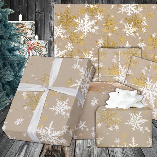 Rustieke Kraft Winter Wit & Gouden Sneeuwvlokken Cadeaupapier