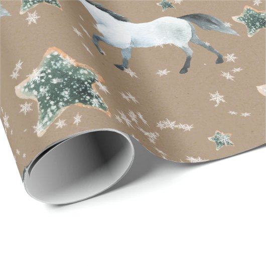Rustieke Kraft Winter Wit Paard Ster Suikerkoekjes Cadeaupapier (Rol Hoek)