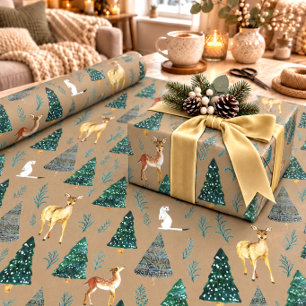 Rustieke Kraft Winterdieren Groen Sparrenbomen Cadeaupapier