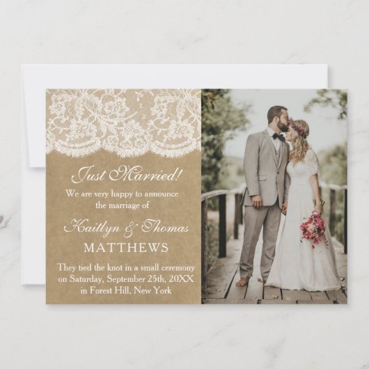 Rustieke Kraft & Witte Kant Bruiloft Foto Huwelijk Aankondiging (Voorkant)