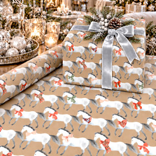 Rustieke Kraft Witte Kerstpaarden Cadeaupapier
