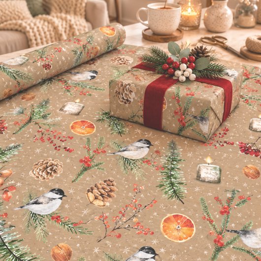 Rustieke Kraft Zwarte Kap Mees Kerstfeest Cadeaupapier