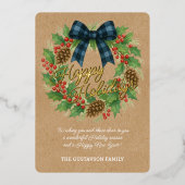 Rustieke Krans Blauw Zwart Geruite Boog Goud Folie Feestdagenkaart (Voorkant)