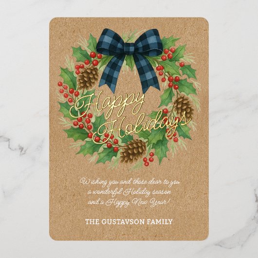 Rustieke Krans Blauw Zwart Geruite Boog Goud Folie Feestdagenkaart (Voorkant)