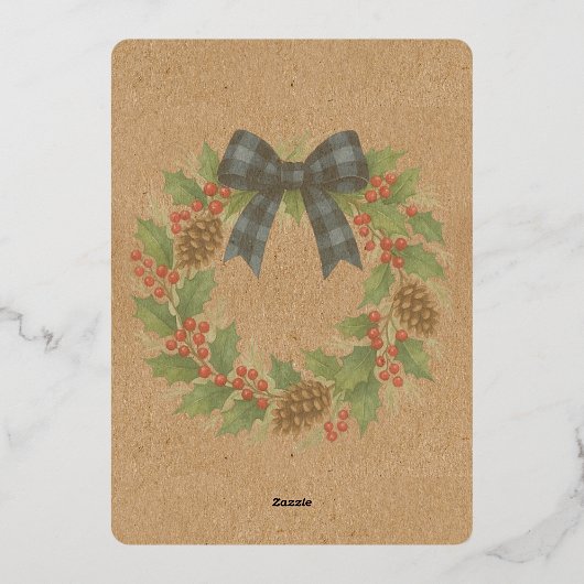 Rustieke Krans Blauw Zwart Geruite Boog Goud Folie Feestdagenkaart (Achterkant)