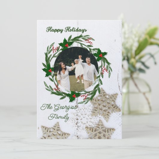 rustieke krans | Boerderij Holly Christmas Foto Feestdagenkaart (Staand voorkant)