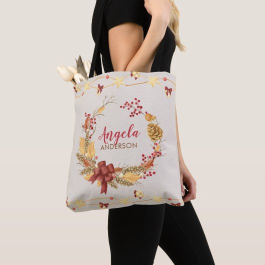 Rustieke Krans Gepersonaliseerde Kerst Kerstmis Tote Bag (Dichtbij)