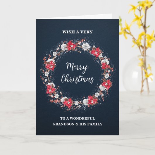 Rustieke Krans Kleinzoon & Familie Kerst Kaart (Gele Bloem)