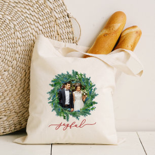 Rustieke Krans Met Vrolijk Script En Fotovakantie Tote Bag