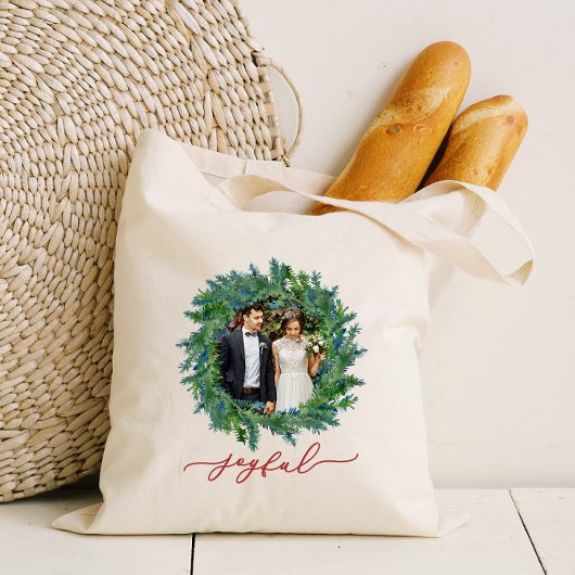 Rustieke Krans Met Vrolijk Script En Fotovakantie Tote Bag