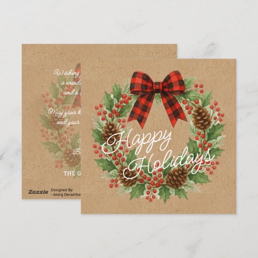 Rustieke Krans Rood Zwart Geruite Boog Vakantie Ka Feestdagenkaart (Voorkant / Achterkant)