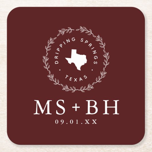 Rustieke krans Texas Bruiloft Monogram | Bourgogne Kartonnen Onderzetters (Voorkant)