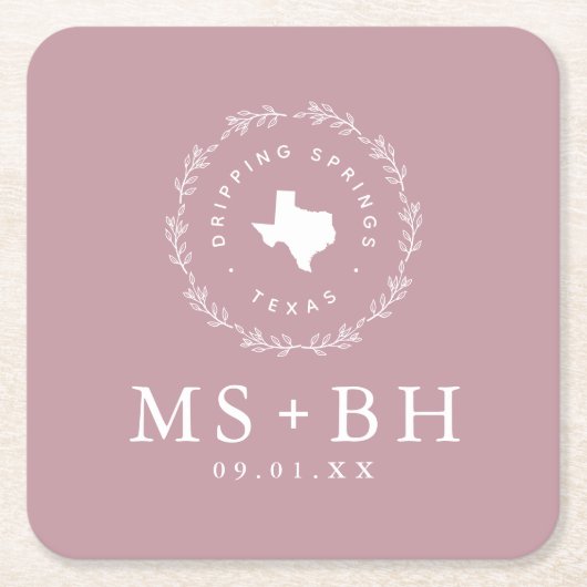 Rustieke krans Texas Bruiloft Monogram | Mauve Kartonnen Onderzetters (Voorkant)