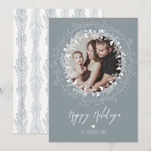 Rustieke Krans & Zilveren Borstel Script Vakantief Feestdagenkaart (Voorkant / Achterkant)