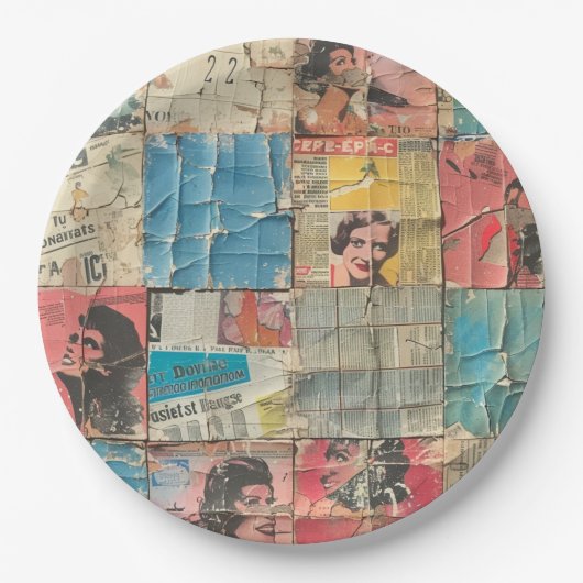 Rustieke  krant Patchwork Collage (10) Papieren Bordje (Voorkant)