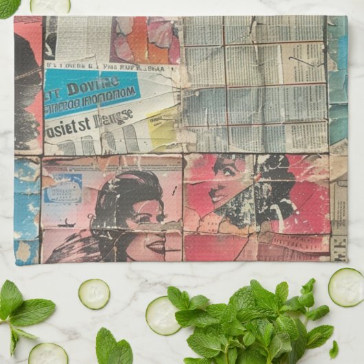 Rustieke  krant Patchwork Collage (10) Theedoek (Gevouwen)