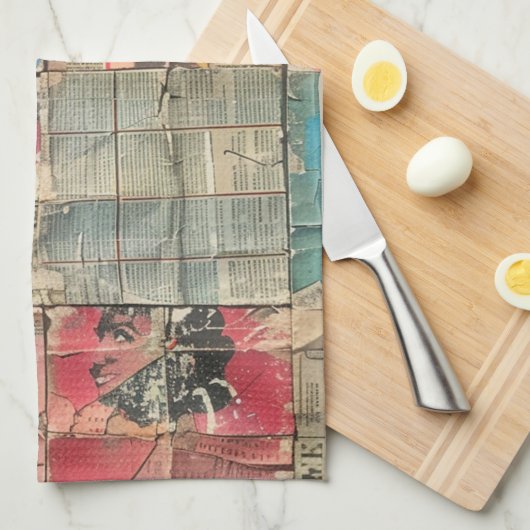 Rustieke  krant Patchwork Collage (10) Theedoek (Quarter Fold)