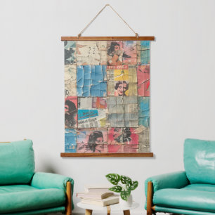 Rustieke  krant Patchwork Collage (11) Hangend Wandkleed