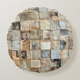 Rustieke krant Patchwork Collage (12) Rond Kussen