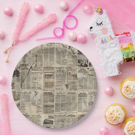 Rustieke  krant Patchwork Collage (1) Papieren Bordje (Feest)