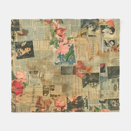 Rustieke krant Patchwork Collage (2) Fleece Deken (Voorkant (Horizontaal))