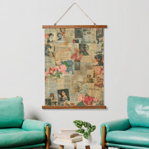 Rustieke  krant Patchwork Collage (2) Hangend Wandkleed