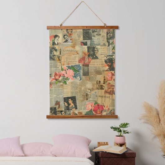 Rustieke krant Patchwork Collage (2) Hangend Wandkleed (Slaapkamer)