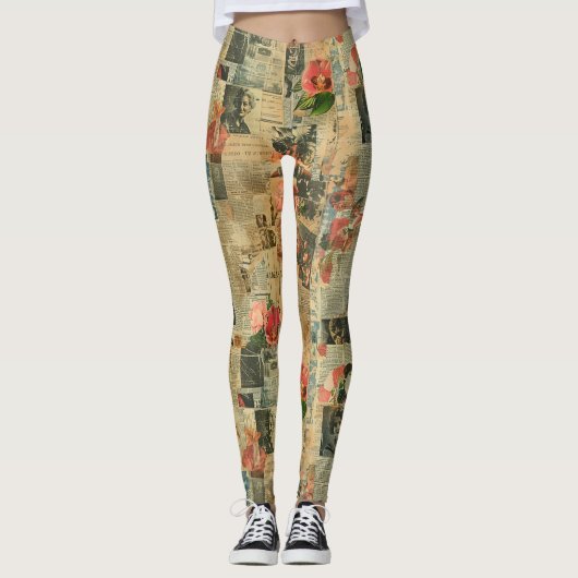 Rustieke krant Patchwork Collage (2) Leggings (Voorkant)