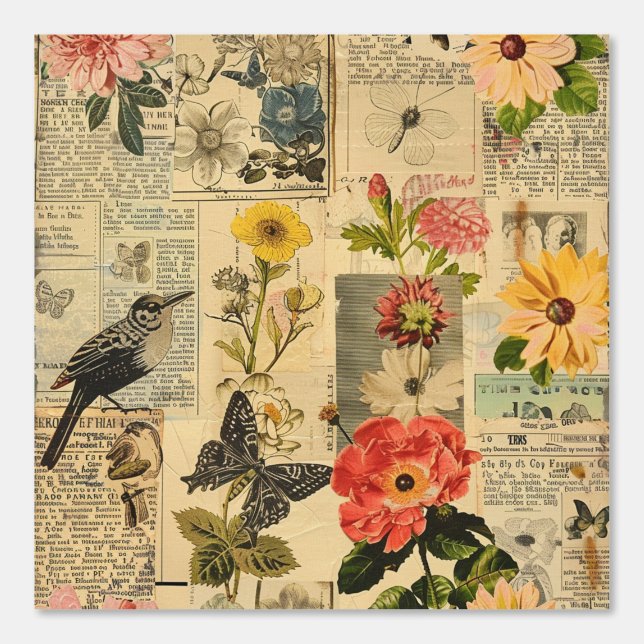Rustieke  krant Patchwork Collage (3) Behang (Voorkant)