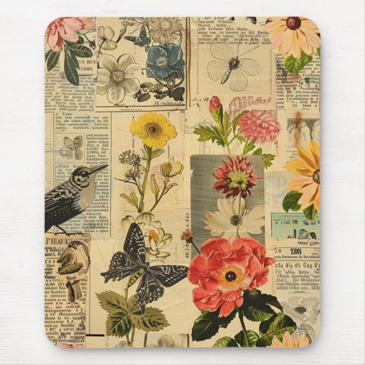 Rustieke  krant Patchwork Collage (3) Muismat (Voorkant)