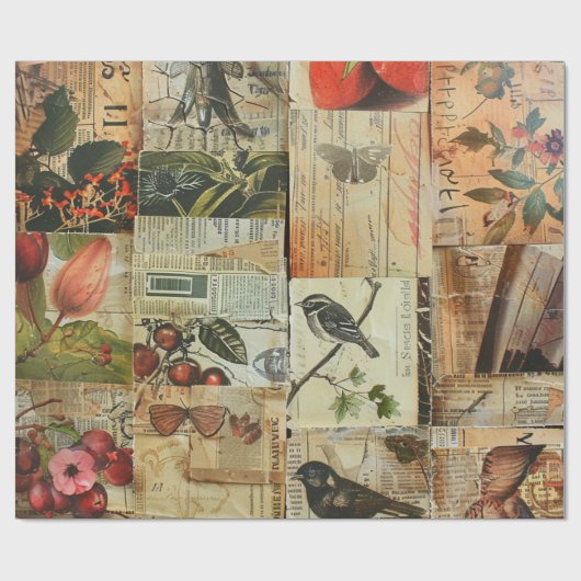 Rustieke krant Patchwork Collage (4) Cadeaupapier (Vlak)