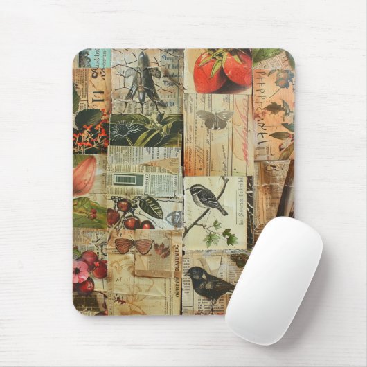 Rustieke krant Patchwork Collage (4) Muismat (Met muis)