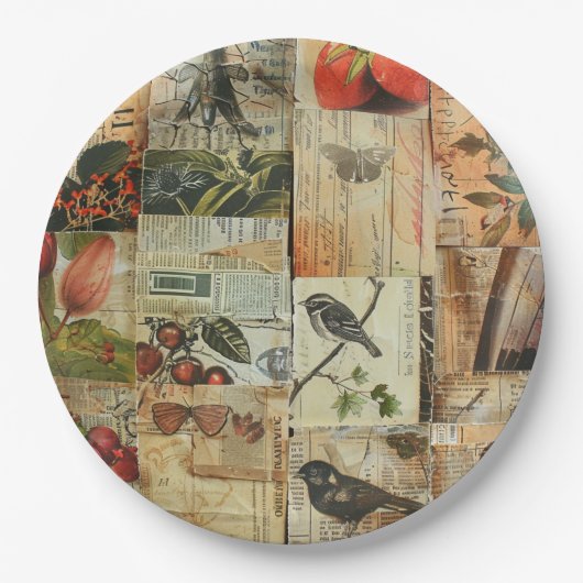 Rustieke  krant Patchwork Collage (4) Papieren Bordje (Voorkant)