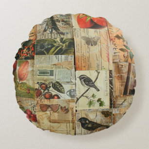 Rustieke  krant Patchwork Collage (4) Rond Kussen