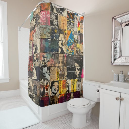 Rustieke krant Patchwork Collage (7) Douchegordijn (In situ)