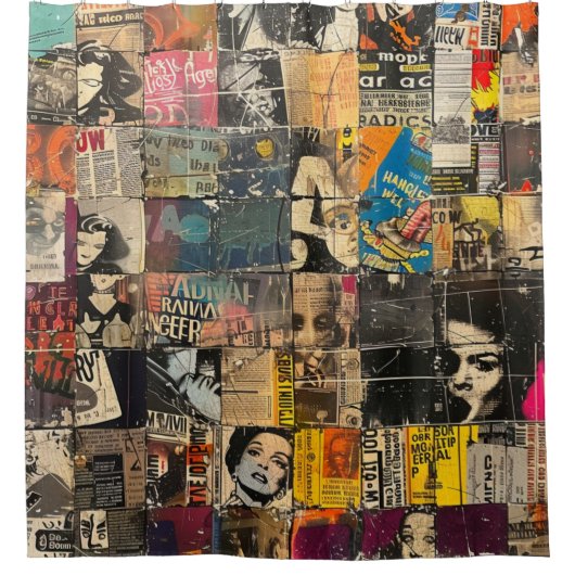Rustieke krant Patchwork Collage (7) Douchegordijn (Voorkant)
