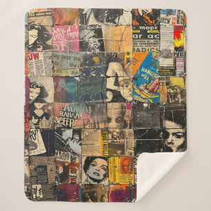 Rustieke  krant Patchwork Collage (7) Sherpa Deken