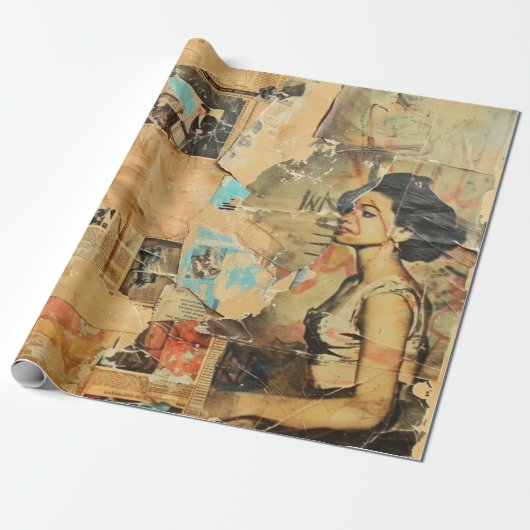 Rustieke  krant Patchwork Collage (8) Cadeaupapier (Uitgerold)