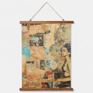 Rustieke  krant Patchwork Collage (8) Hangend Wandkleed