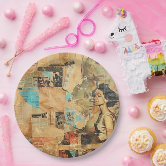 Rustieke  krant Patchwork Collage (8) Papieren Bordje (Feest)