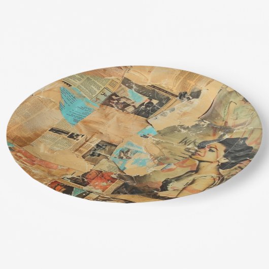 Rustieke  krant Patchwork Collage (8) Papieren Bordje (Gekanteld)