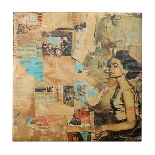 Rustieke  krant Patchwork Collage (8) Tegeltje (Voorkant)