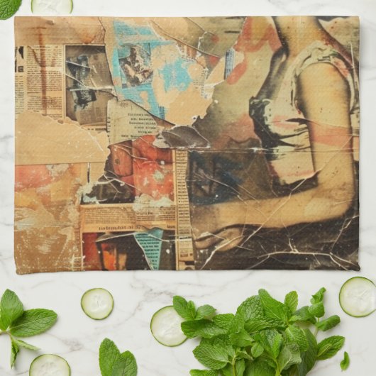 Rustieke  krant Patchwork Collage (8) Theedoek (Gevouwen)